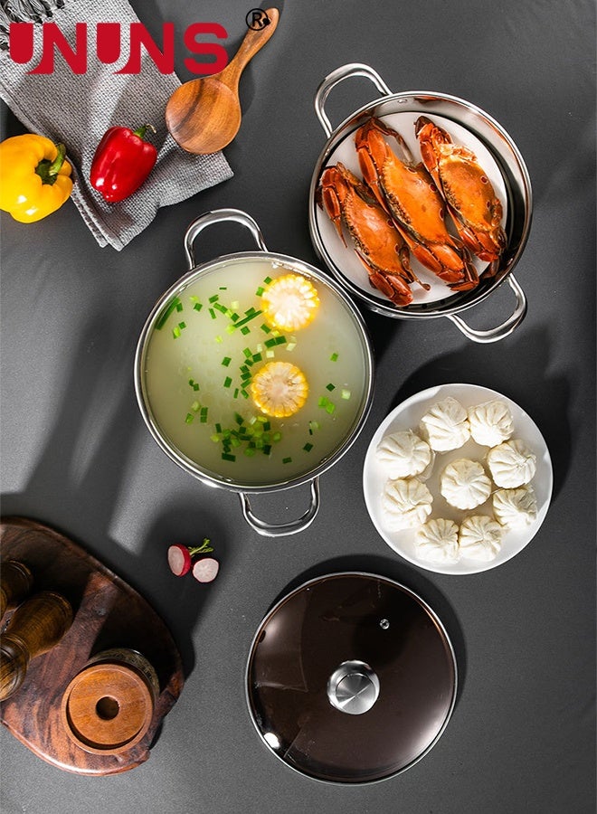 UNUNS Steamer for Cooking,2-Tier 24CM Stainless Steel Steaming Pot with Steamer Basket for Vegetable,Dumpling,Soup,Pasta,Seafood,Transparent Glass Lid and Handle for Safe Cool Touch Cooking - Image 4